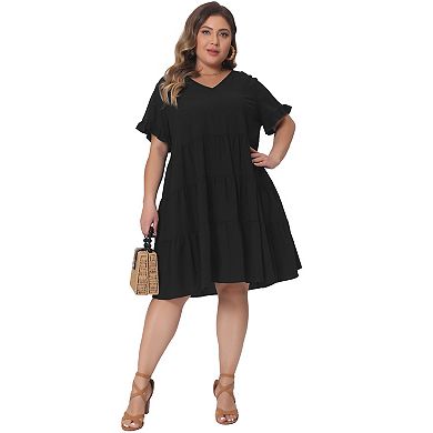 Plus Size Dresses for Women V Neck Ruffle Sleeve with Pockets Swing a Line Tiered Dress