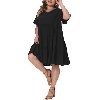 Plus Size Dresses for Women V Neck Ruffle Sleeve with Pockets Swing a Line Tiered Dress