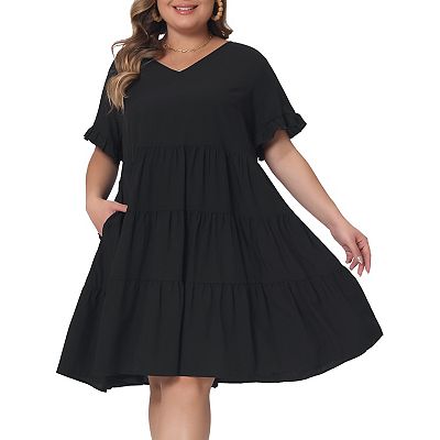 Plus Size Dresses for Women V Neck Ruffle Sleeve with Pockets Swing a Line Tiered  Dress