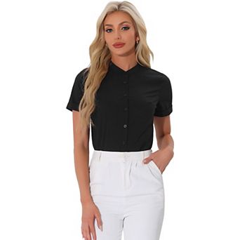Button Down Bodysuits for Women Stand Collar Short Sleeve Office Work Shirt