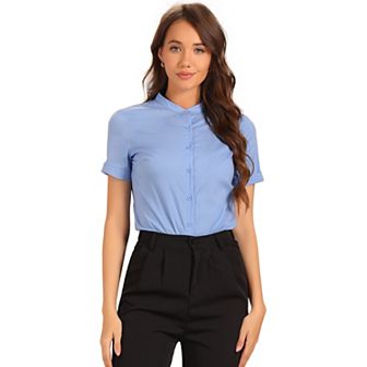 Button Down Bodysuits for Women Stand Collar Short Sleeve Office Work Shirt
