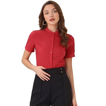 Button Down Bodysuits for Women Stand Collar Short Sleeve Office Work Shirt