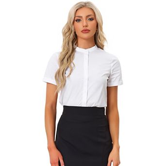 Button Down Bodysuits for Women Stand Collar Short Sleeve Office Work Shirt