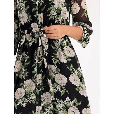 Women's Floral Chiffon Dress Half Sleeve Tie Waist Button Down Flare Dresses