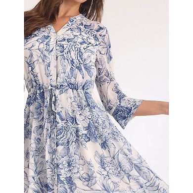 Women's Floral Chiffon Dress Half Sleeve Tie Waist Button Down Flare Dresses