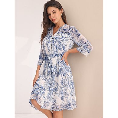 Women's Floral Chiffon Dress Half Sleeve Tie Waist Button Down Flare Dresses