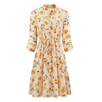 Women's Floral Chiffon Dress Half Sleeve Tie Waist Button Down Flare Dresses