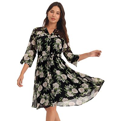 Hobemty Women's V-Neck 3/4 Sleeve Tie Waist Button-Down Floral Chiffon Dress Black X-Large