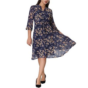 Women's Floral Chiffon Dress Half Sleeve Tie Waist Button Down Flare Dresses