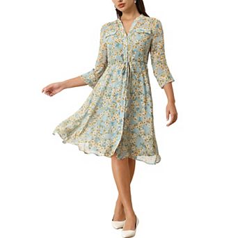 Women's Floral Chiffon Dress Half Sleeve Tie Waist Button Down Flare Dresses