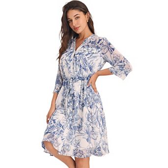 Women's Floral Chiffon Dress Half Sleeve Tie Waist Button Down Flare Dresses