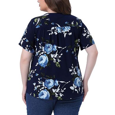 Plus Size Blouse for Women V Neck Floral Print Short Sleeve Casual Top Blouses Tops