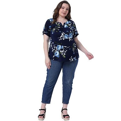 Plus Size Blouse for Women V Neck Floral Print Short Sleeve Casual Top Blouses Tops