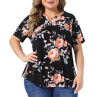 Plus Size Blouse for Women V Neck Floral Print Short Sleeve Casual Top Blouses Tops