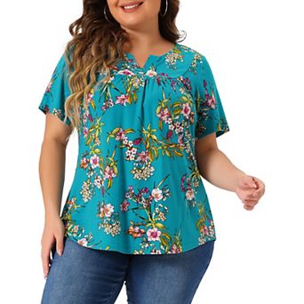 Plus Size Blouse For Women V Neck Floral Print Short Sleeve Casual Top Blouses Tops
