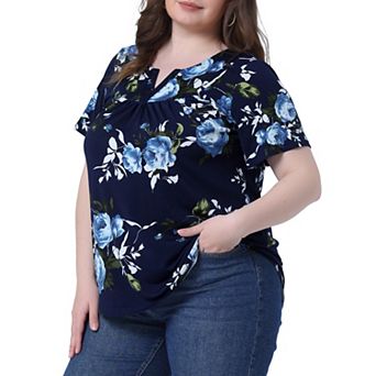 Plus Size Blouse For Women V Neck Floral Print Short Sleeve Casual Top Blouses Tops