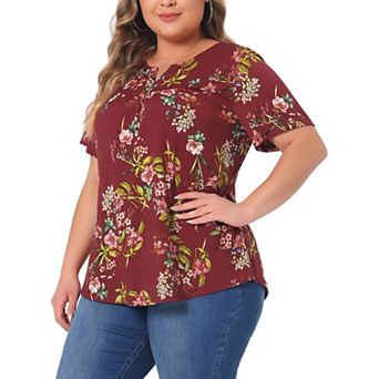 Plus Size Blouse For Women V Neck Floral Print Short Sleeve Casual Top Blouses Tops
