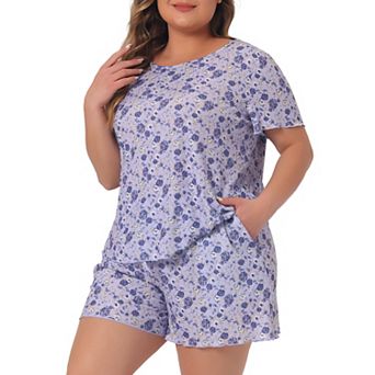 Plus Size Pajamas Set For Women Short Sleeve Top With Shorts Floral Printed Soft Lounge Sleepwear