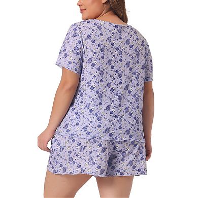 Plus Size Pajamas Set For Women Short Sleeve Top With Shorts Floral Printed Soft Lounge Sleepwear