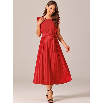 Women's Casual Midi Dress Ruffle Sleeveless Crewneck Pleated Flowy Belted Dresses