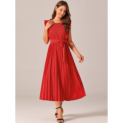 Women's Casual Midi Dress Ruffle Sleeveless Crewneck Pleated