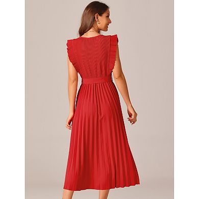 Women's Casual Midi Dress Ruffle Sleeveless Crewneck Pleated Flowy Belted Dresses