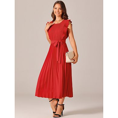 Women's Casual Midi Dress Ruffle Sleeveless Crewneck Pleated Flowy Belted Dresses