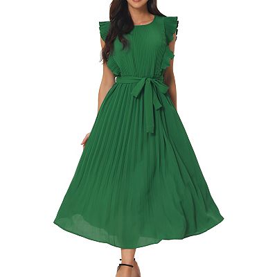 Women's Casual Midi Dress Ruffle Sleeveless Crewneck Pleated Flowy Belted  Dresses