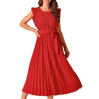 Women's Casual Midi Dress Ruffle Sleeveless Crewneck Pleated Flowy Belted Dresses