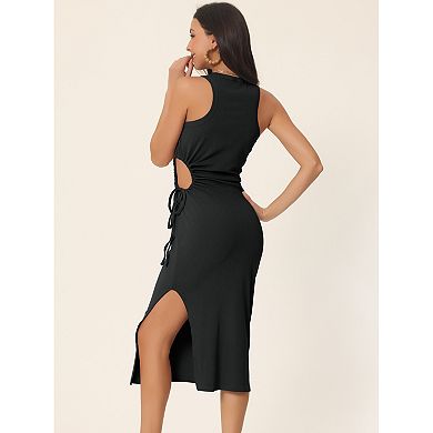 Women's Summer Sleeveless Midi Dress Crewneck Waist Cut Out Split Slit Tank Ribbed Bodycon Dress