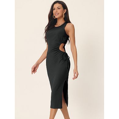 Women's Summer Sleeveless Midi Dress Crewneck Waist Cut Out Split Slit Tank Ribbed Bodycon Dress