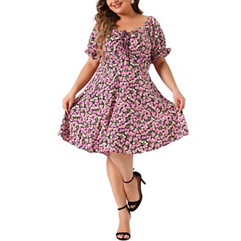 Plus Size Dress For Women Summer Sweetheart Neck Short Sleeve Tie Midi Floral Dresses