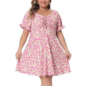 Plus Size Dress For Women Summer Sweetheart Neck Short Sleeve Tie Midi Floral Dresses
