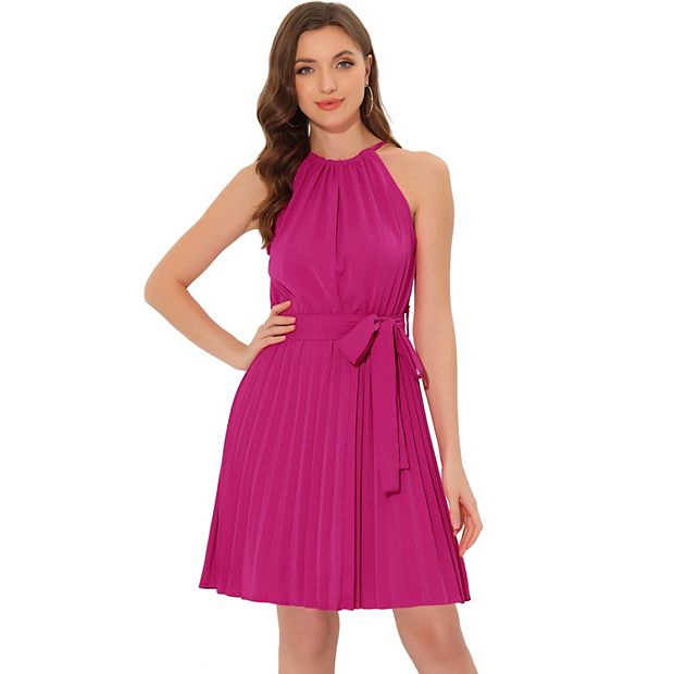 Women s Summer Boho Dress Sleeveless Halter Neck Belted Pleated Beach Dresses