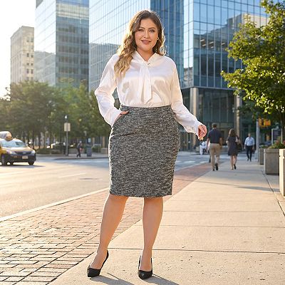Plus Size Skirt For Women Tweed High Waisted Back Stretchy Office