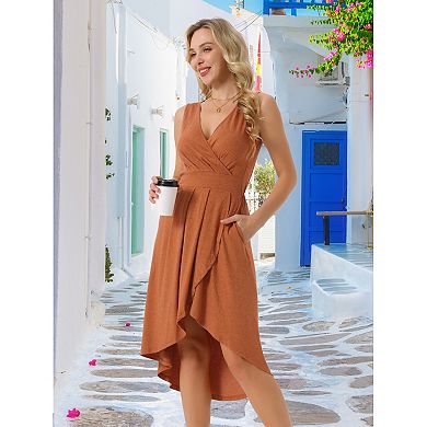 Women's Summer Sleeveless High Low Wrap V Neck Midi Knit Dresses Pleated Flowy Dress With Pockets