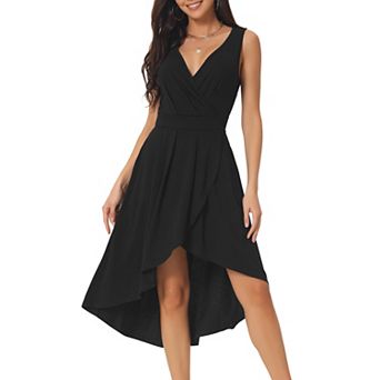 Women's Summer Sleeveless High Low Wrap V Neck Midi Knit Dresses Pleated Flowy Dress With Pockets