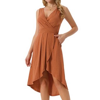 Women's Summer Sleeveless High Low Wrap V Neck Midi Knit Dresses Pleated Flowy Dress With Pockets