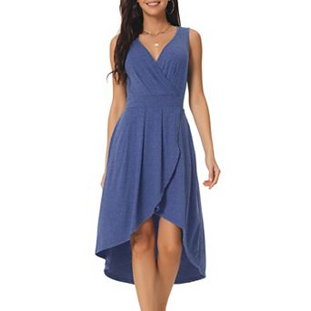 Women's Summer Sleeveless High Low Wrap V Neck Midi Knit Dresses Pleated Flowy Dress with Pockets