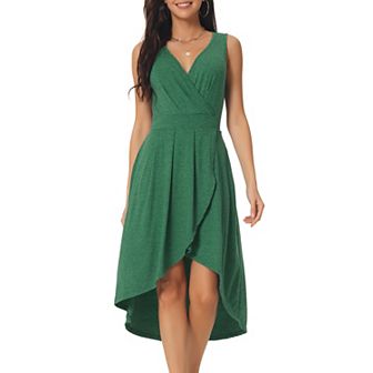 Women's Summer Sleeveless High Low Wrap V Neck Midi Knit Dresses Pleated Flowy Dress with Pockets