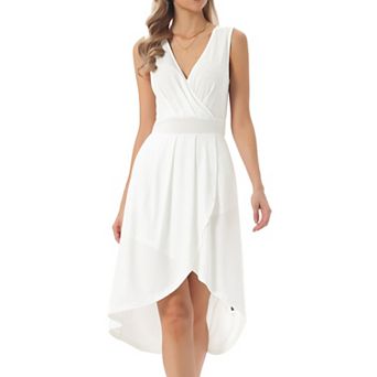 Women's Summer Sleeveless High Low Wrap V Neck Midi Knit Dresses Pleated Flowy Dress with Pockets
