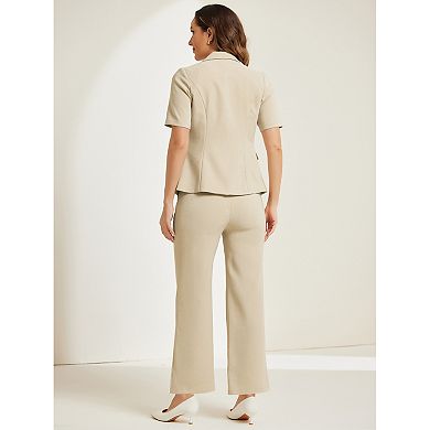 Women's 2 Pcs Outfits Business Office Suit Set One Button Short Sleeve Blazer Jacket And Suit Pants