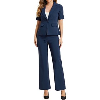 Women's 2 pc Outfits Business Office Suit Set One Button Short Sleeve Blazer Jacket And Suit Pants