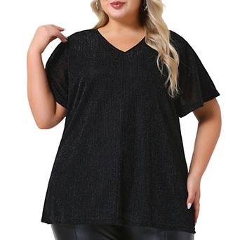 Plus Size Tops for Women V Neck Metallic Short Sleeve T-Shirt Party Blouses Tee Tops