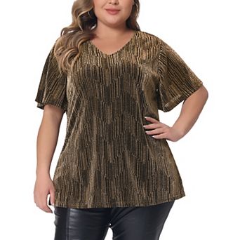 Plus Size Tops For Women V Neck Metallic Short Sleeve T-shirt Party Blouses Tee Tops