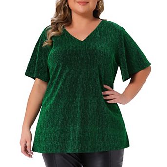 Plus Size Tops For Women V Neck Metallic Short Sleeve T-shirt Party Blouses Tee Tops