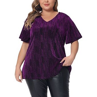 Plus Size Tops for Women V Neck Metallic Short Sleeve T-Shirt Party Blouses Tee Tops