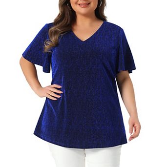 Plus Size Tops for Women V Neck Metallic Short Sleeve T-Shirt Party Blouses Tee Tops