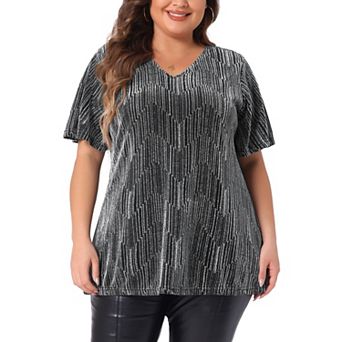 Plus Size Tops For Women V Neck Metallic Short Sleeve T-shirt Party Blouses Tee Tops