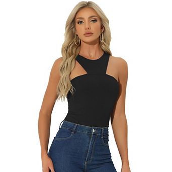 Sleeveless Bodysuit for Women Asymmetrical Halter Neck Tank Top